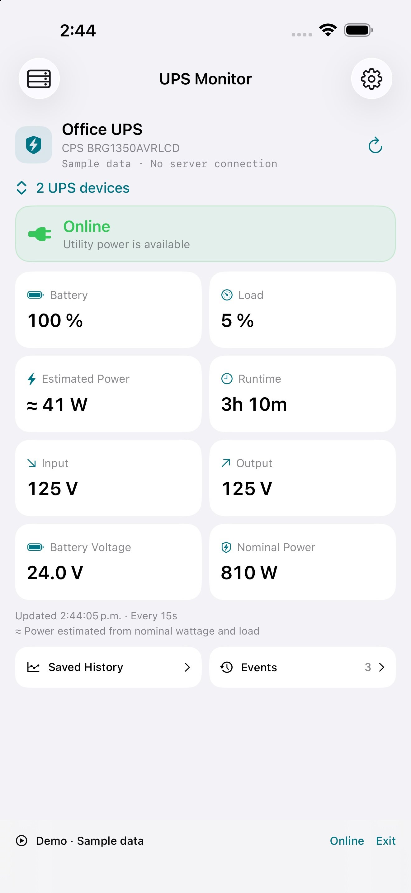 Dashboard de UPS Monitor con datos de ejemplo identificados que muestra batería, carga, autonomía y voltajes del UPS